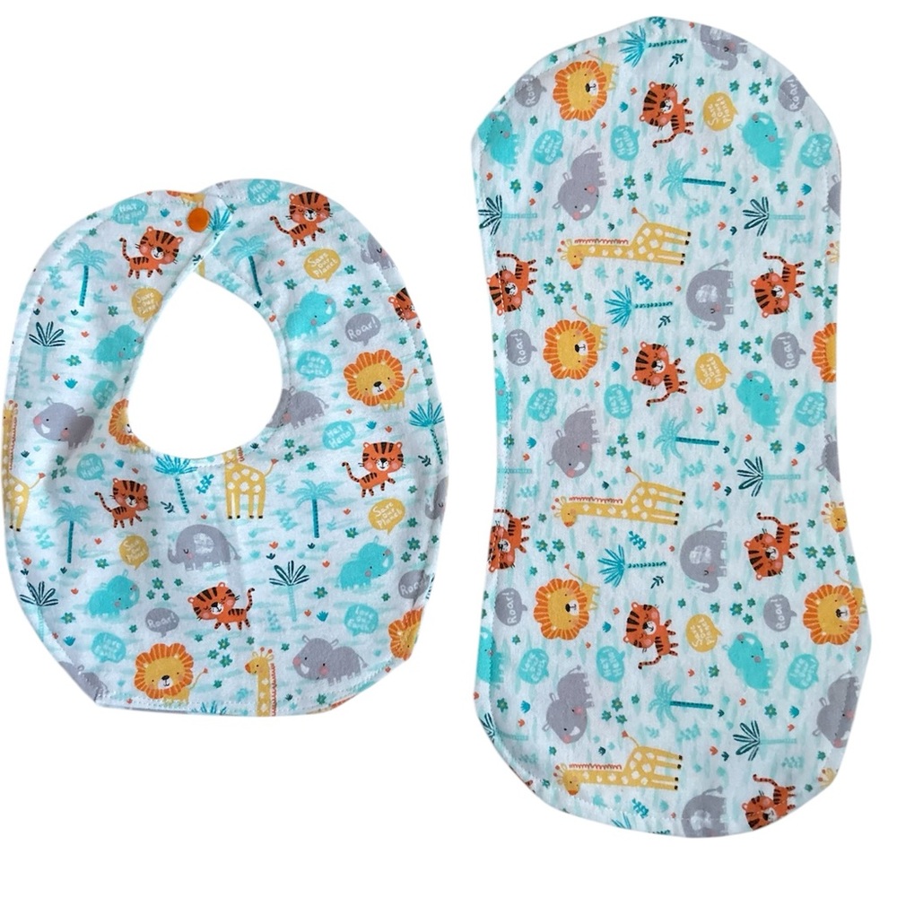 Hand Crafted Newborn Gift Set Bib and Burpcloth Soft Flannel Zoo Animals Theme - Picture 4 of 7